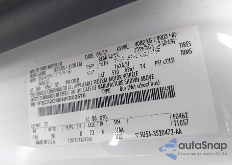 2017 Ford Transit-350 Xl из США, поврежденный, VIN 1FBZX2CM0HKB02576